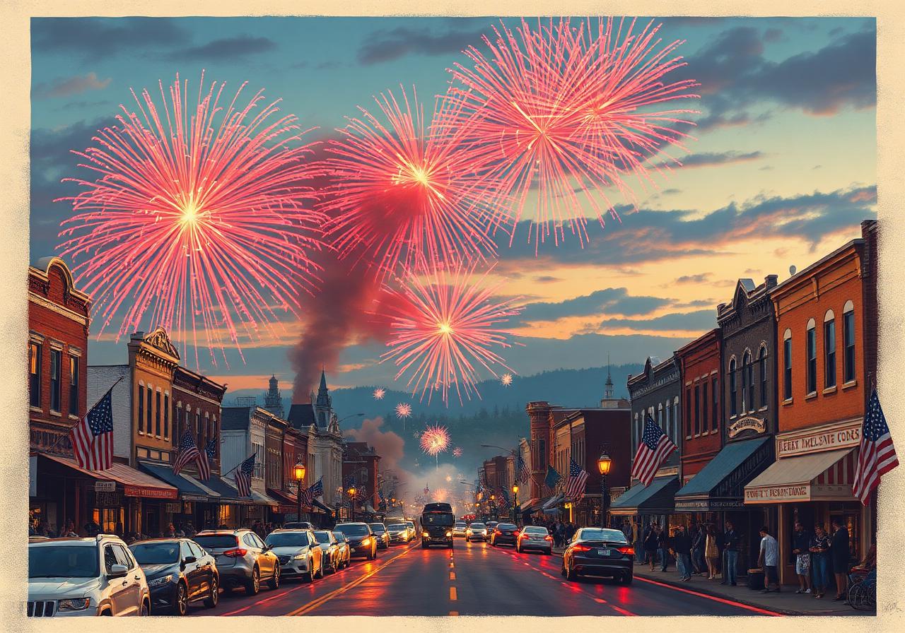 Fireworks over a small-town American parade